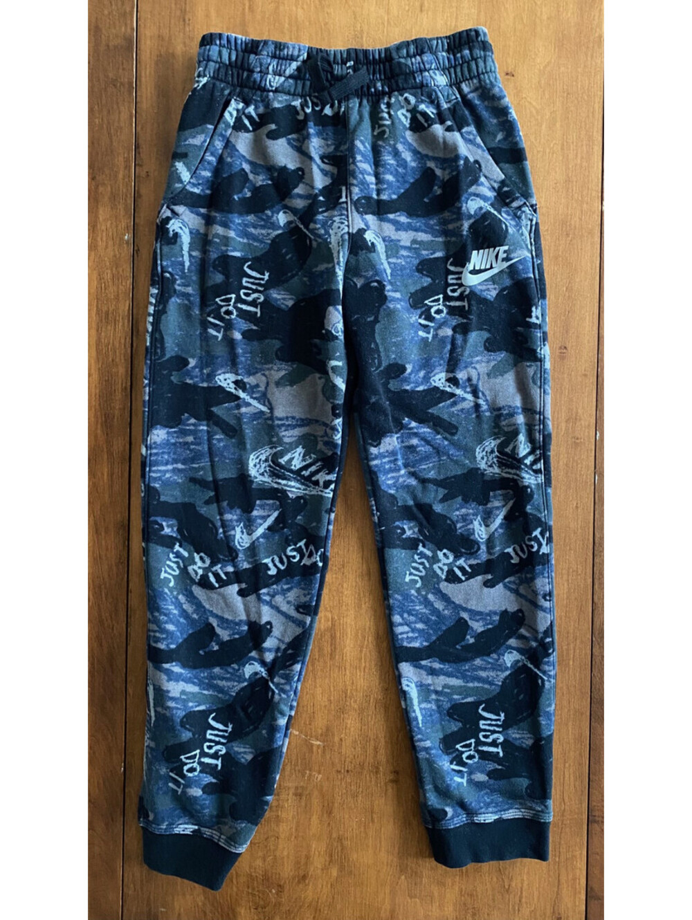 Boys NIKE CAMO PRINT JOGGERS Pull On ELASTIC WAIST Standard Fit GRAY BLUE BLK Lg